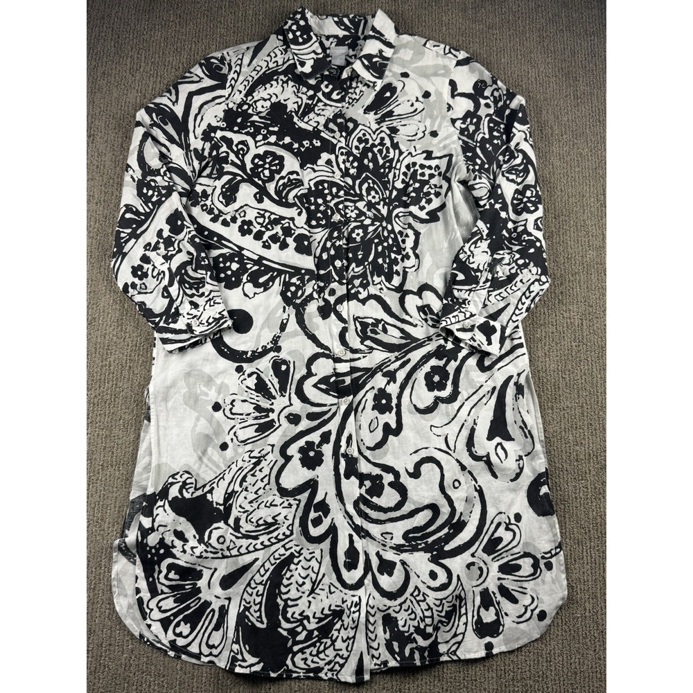 Chicos Womens 3 16/18 Linen Cotton Button Up Tunic Duster Black White Paisley